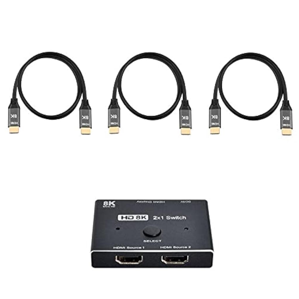 Cablecc 8K 60hz HDMI Compatible Switch and 3 Cables Hub Support HDCPSST Extended 4K 60hz @ 2.1 2-IN-1-OUT @