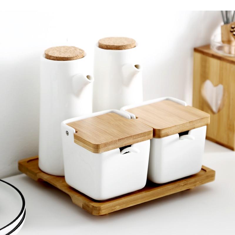 Simple Household Ceramic Seasoning Jar Set Salt and Pepper Storage Oil Pot Kitchen Spice Organizer