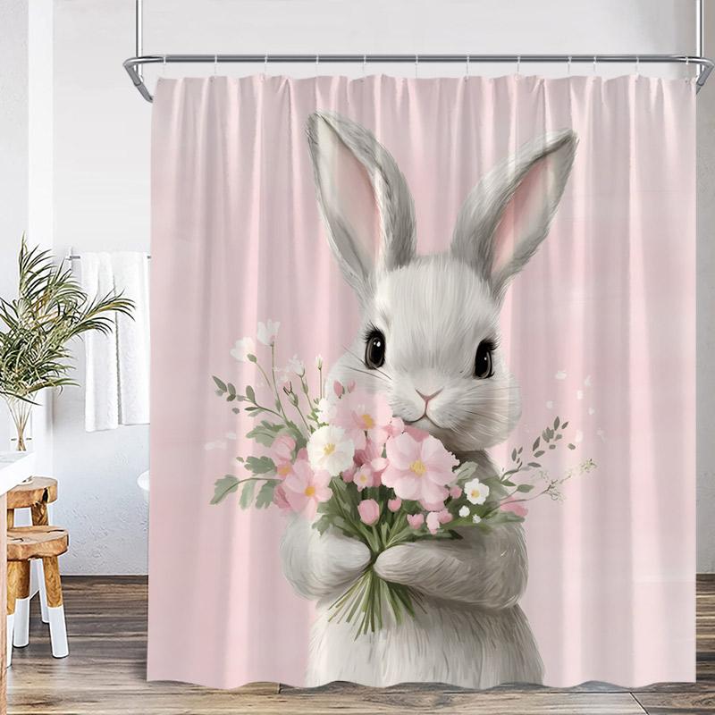 Easter Shower Curtains Watercolour Floral Leaves Butterfly Cute Rabbit Bath Curtain Fabric Home Bathroom Decoration With Hooks