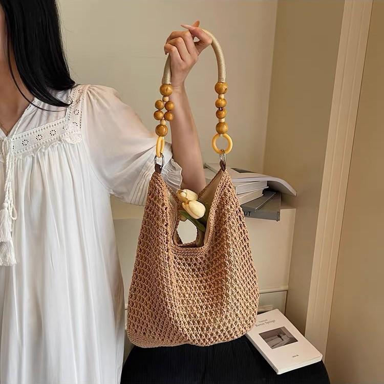 Женская плетеная пляжная сумка-тоут большой вместимости - Универсальная сетчатая сумка на плечо с вырезами