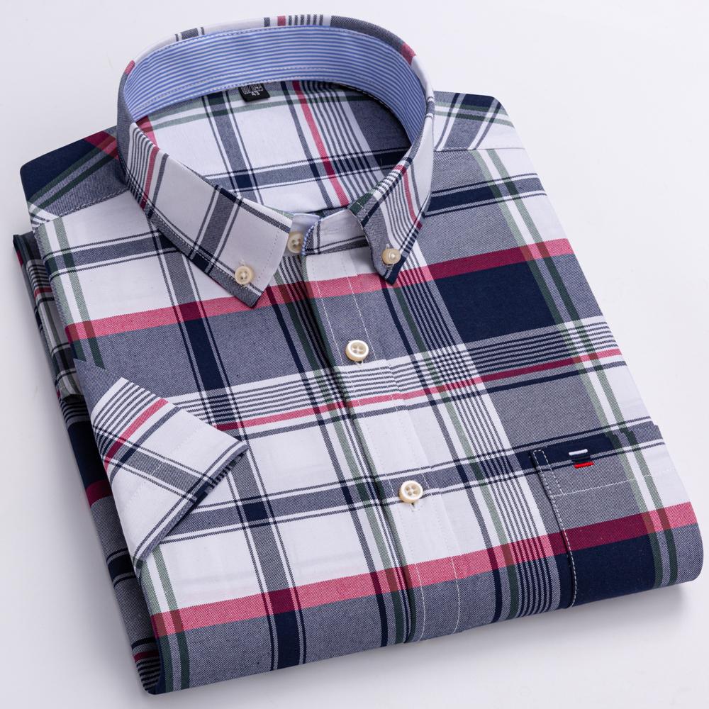 Herren 100% Baumwolle Mehrfarbig Kariert Oxford Hemden Kurzarm Regular Fit Kragen Freizeit Button-Down-Hemd mit Tasche