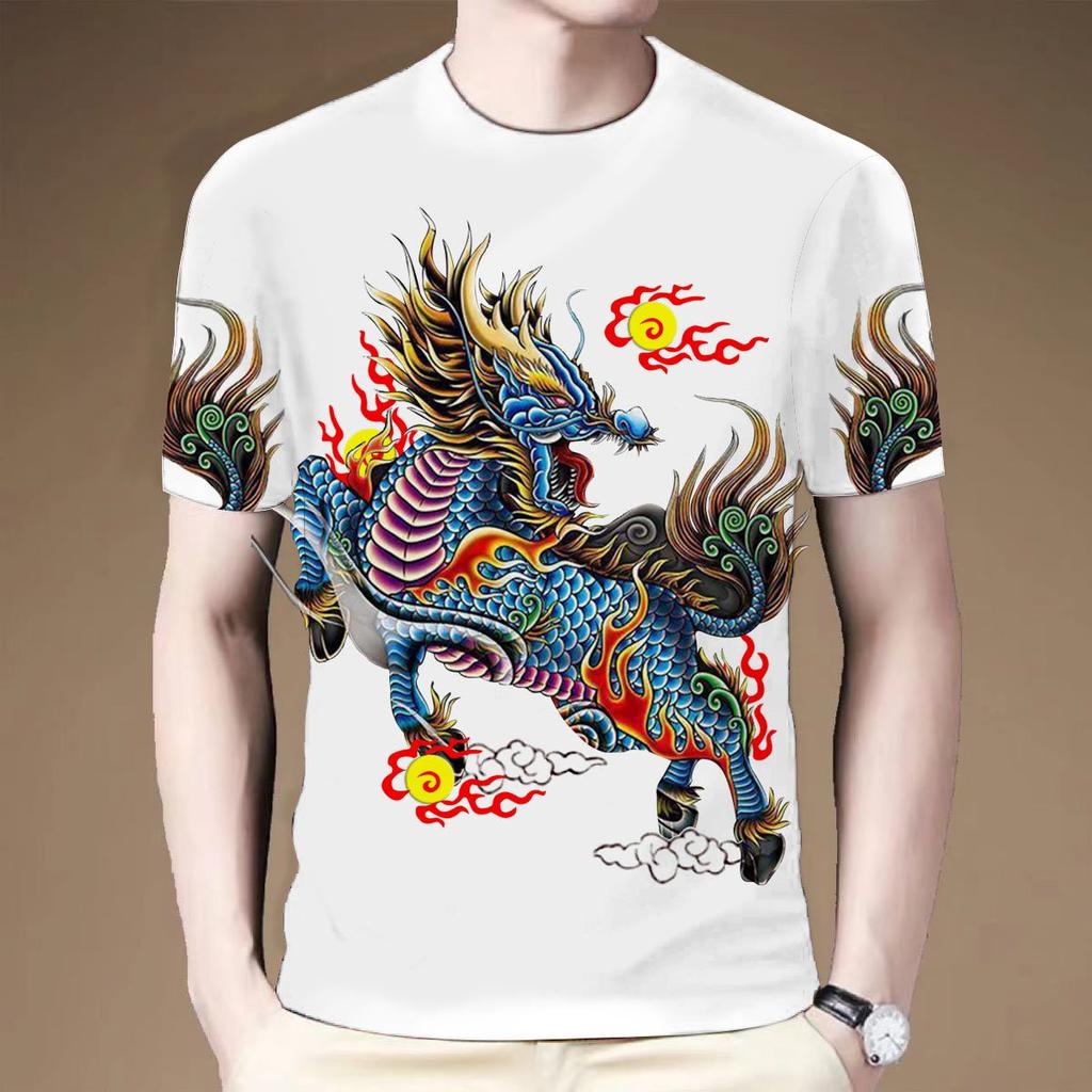 Summer 3D Printed T-shirt Retro Kirin Beast Series Men's Personalized Creative Round Neck Large Short Sleeve