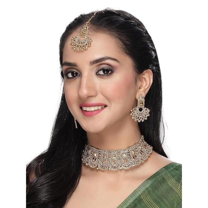 Graceful Curve Shaped  AD Stones Choker Necklace Set With Earring And Maangtika | Jewellery Set For Women