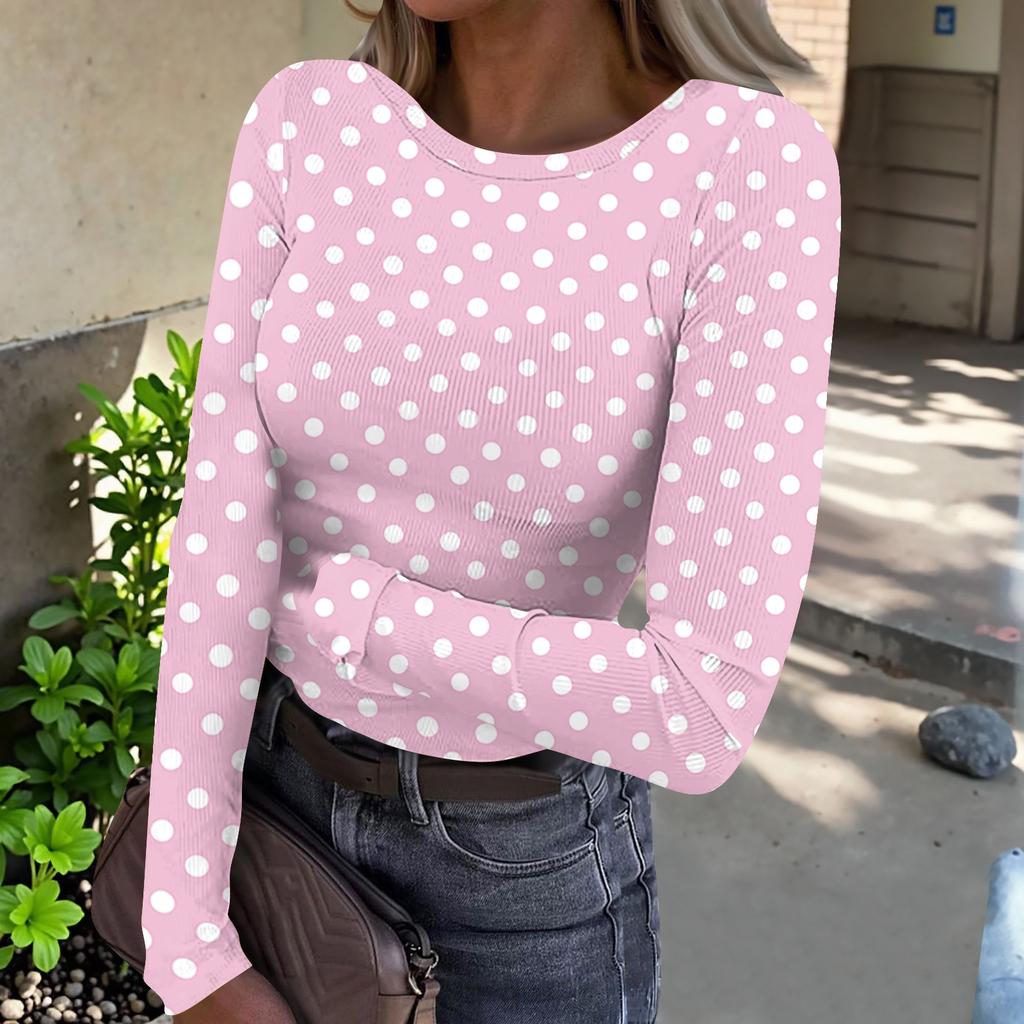 Women Long Sleeve Crew Neck Polka Dot Print Ribbed Knit Casual Top Comfortable Loose Fit Pullover Blouse for Daily Wear
