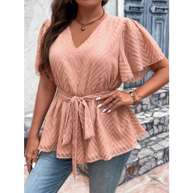 Letné dámske tričko Loose Plus Size Temperamentné Topy s výstrihom do V a krátkym rukávom