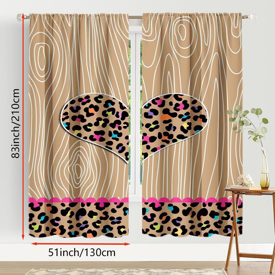 2er-Pack Stilvolle Holzmaserung und Buntes Leopardenherz Vorhänge Flaches 2D-Druckdesign Lichtfilternder Stoff Schlafzimmer Wohnzimmer