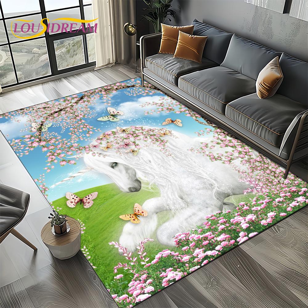 Unicorn Cartoon Cute 3D Dream Girl Carpet Rug for Living Room Bedroom Home Sofa Decoration,Kid Area Rug Non-slip Floor Mat Gift