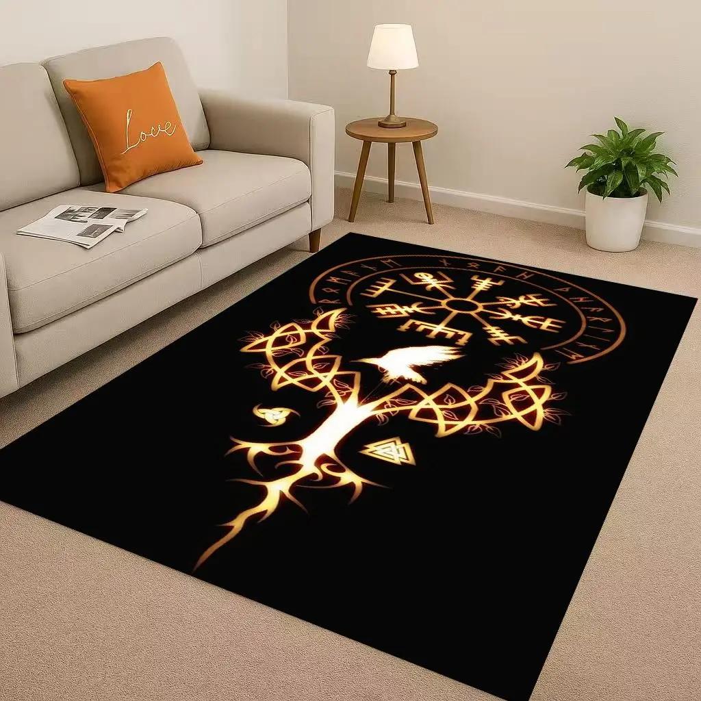 3D severský vikingský totem Vegvisir runa Valhalla Valknut Protiskluzový koberec do obývacího pokoje Měkký koberec do ložnice k pohovce, Domácí rohožka
