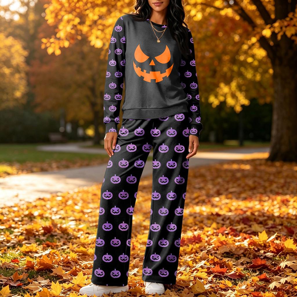 Women's Casual Loose Fit Crewneck Halloween Print Sweatshirt and Pants Set