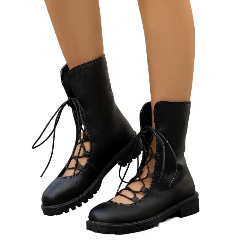 

Мода 2024 Уличная женская обувь Современные женские ботинки Большой размер Ботинки до середины икры Женские Туфли на низком каблуке со шнуровкой с круглым носком Женские 43