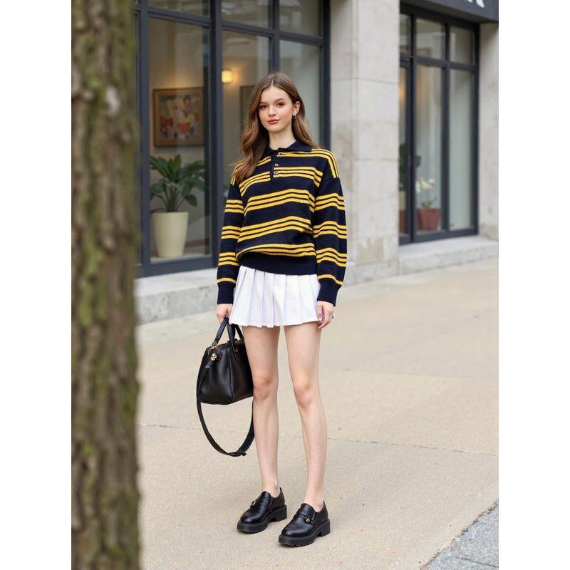 Texture College Comes with Atmosphere Stripes Polo Shirt American Retro Lazy Contrast Color Loose Pullover Knitwear
