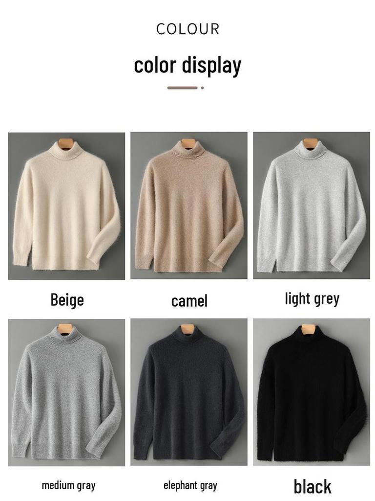 Men's High-Neck 100% Pure Wool Sweater: Thick Long-Sleeve Pullover for Autumn/Winter, Loose Fit Knitted Base Layer.