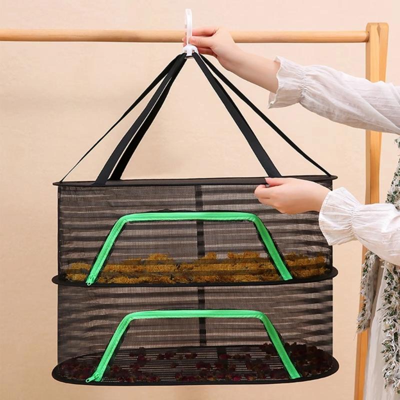 Breathable Mesh Hanging Drying Rack Vegetable Dryer with Rotating Hook Plant Hanging Net for Indoor and Outdoor Use