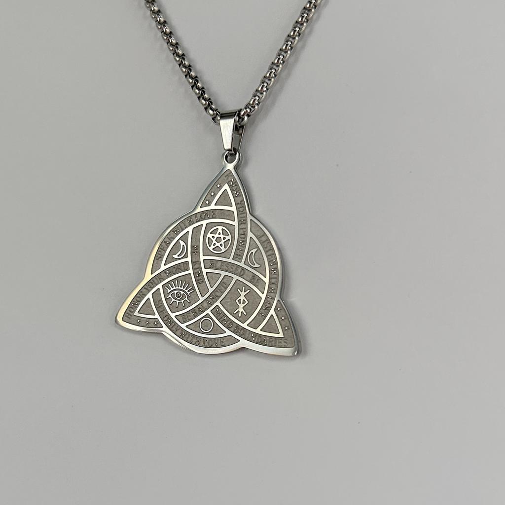 A Stylish and Simple Celtic Knot Pattern Five-pointed Star Triple Moon Necklace Stainless Steel Necklace for Men and Women