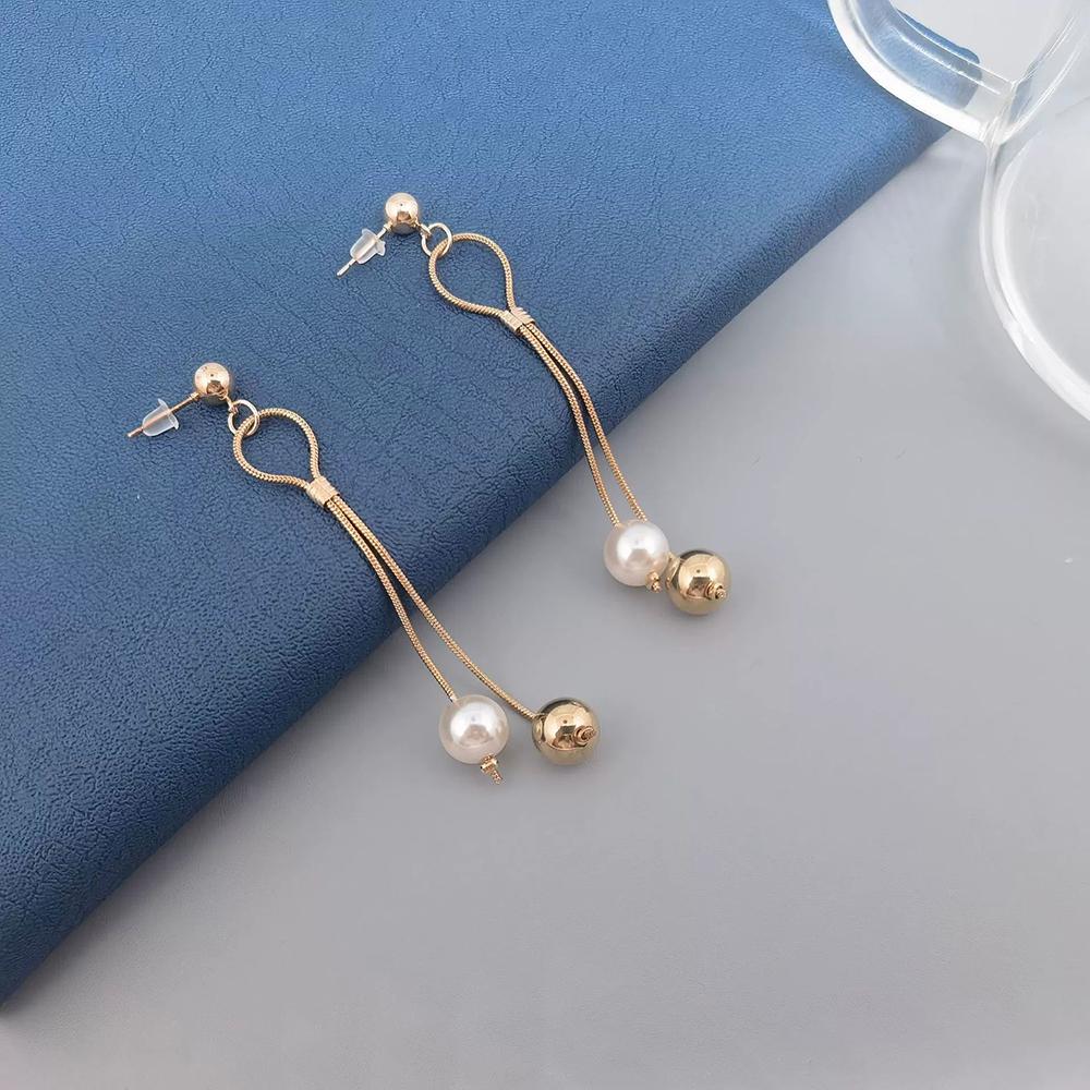 Gold Color Tassels Earring Creative Imitation Pearl Splicing Copper Long Chain Earrings Women Girls Vintage Minimalist Jewelry