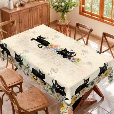 1 Piece Spring Round And Rectangular Tablecloth, Available In Various Sizes, Decorative Tablecloth With Elegant Cat Print Pattern Design, Courtyard Ta