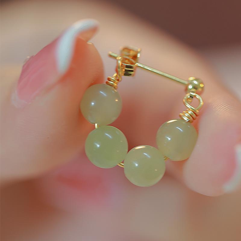 Elegant French Retro Hetian Jade Earrings: Unique Cold Style Design for Women