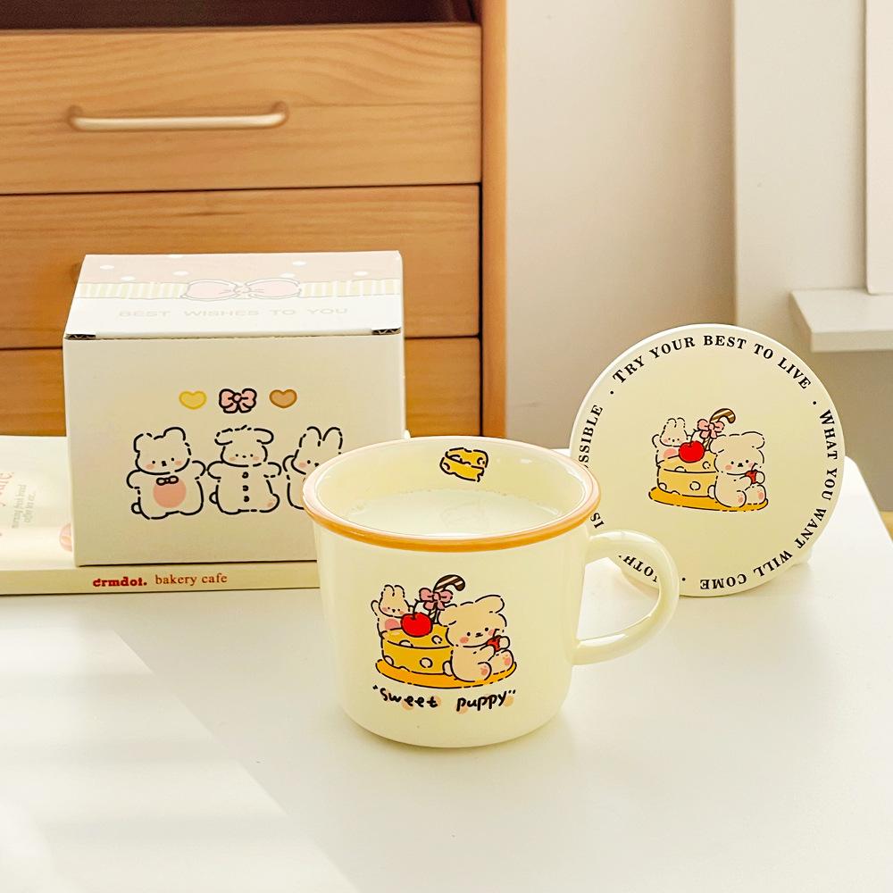 Roztomilý snídaňový hrnek se sadou podtácků Kreslený keramický hrnek Dárek k narozeninám Hrnek Dívčí hrnek na vodu Suvenýr