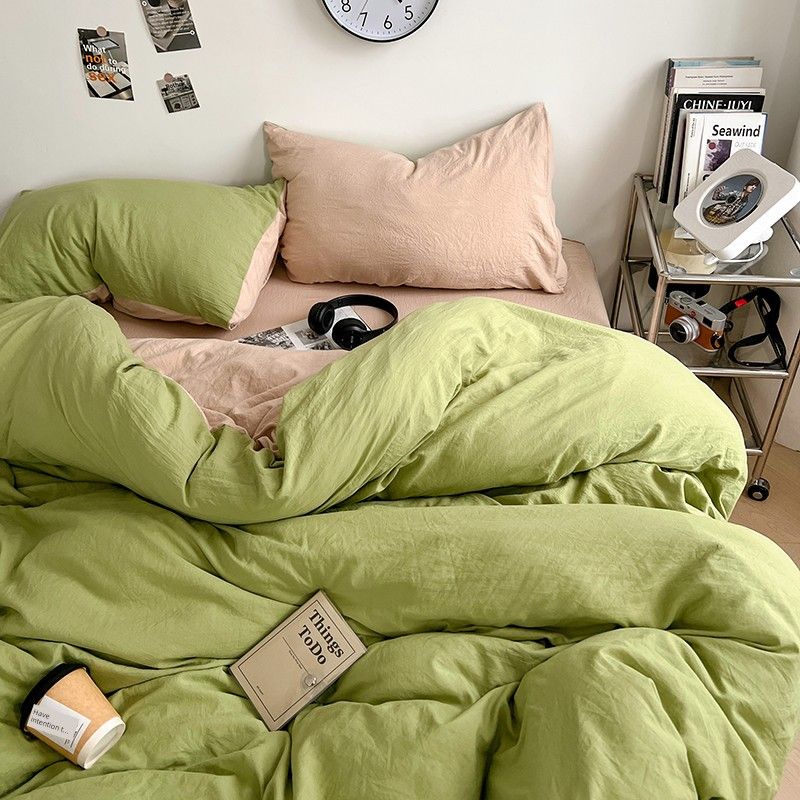 

One-Piece Duvet Cover 150 X200x230 Double Washed Solid Color Class Dormitory Single Person Three Full Cotton Pure Cotton a Quilt Cover Four-Piece Set Tea Green Card 150x 200cm [single quilt cover]]