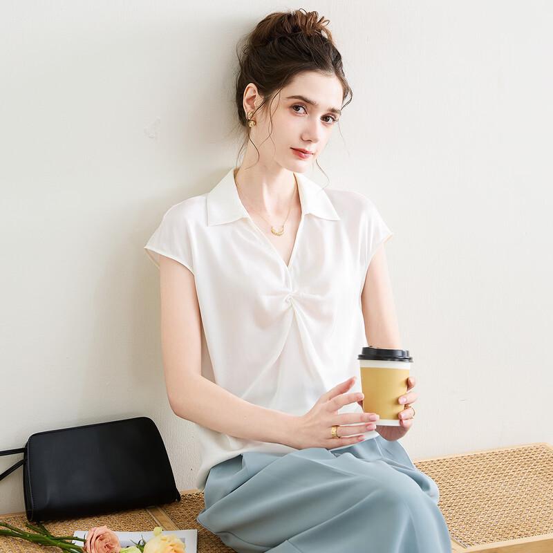 TUHUANG Mulberry Silk Pleated V-Neck Sleeveless Blouse M