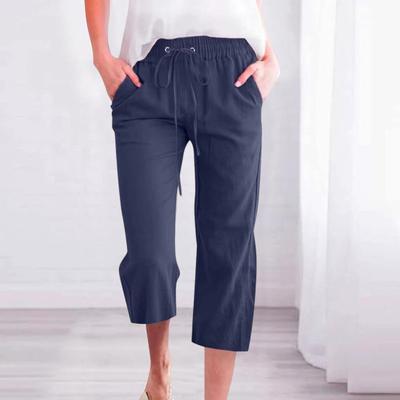 Women Cropped Pants Solid Color Loose Fit Mid-calf Trousers with Elastic