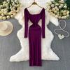 Autumn Spring Women Sexy Square Collar Luxury Beading Knitted Sweater Party Dress Long Midi Sheath Bodycon Sheath Dresses