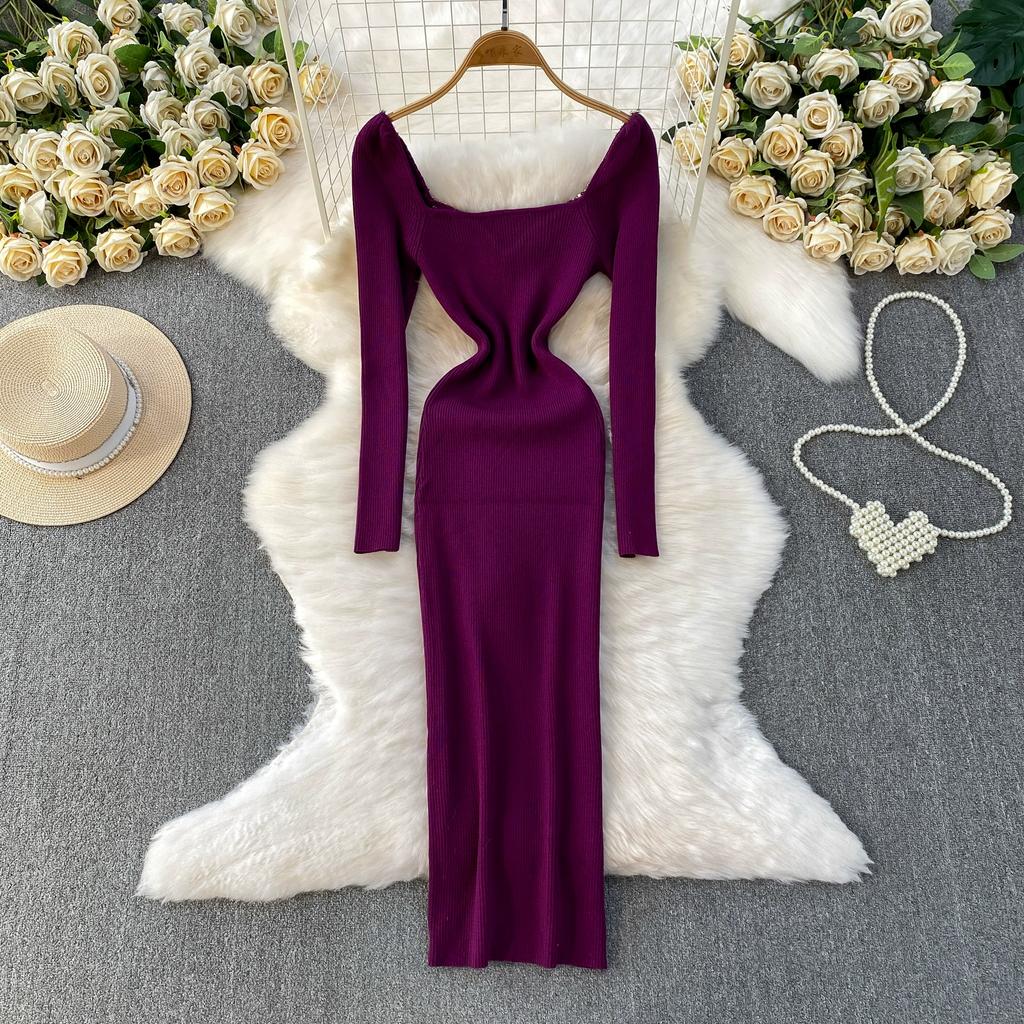 Autumn Spring Women Sexy Square Collar Luxury Beading Knitted Sweater Party Dress Long Midi Sheath Bodycon Sheath Dresses
