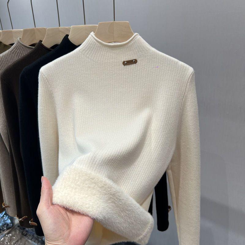 French Elegant Sweater Women Winter Thicken Turtleneck Slim Knit Pullover New Warm Plush Velvet Lined Knitwear Jumper Tops Casual Poleras S бежевый 3449₽