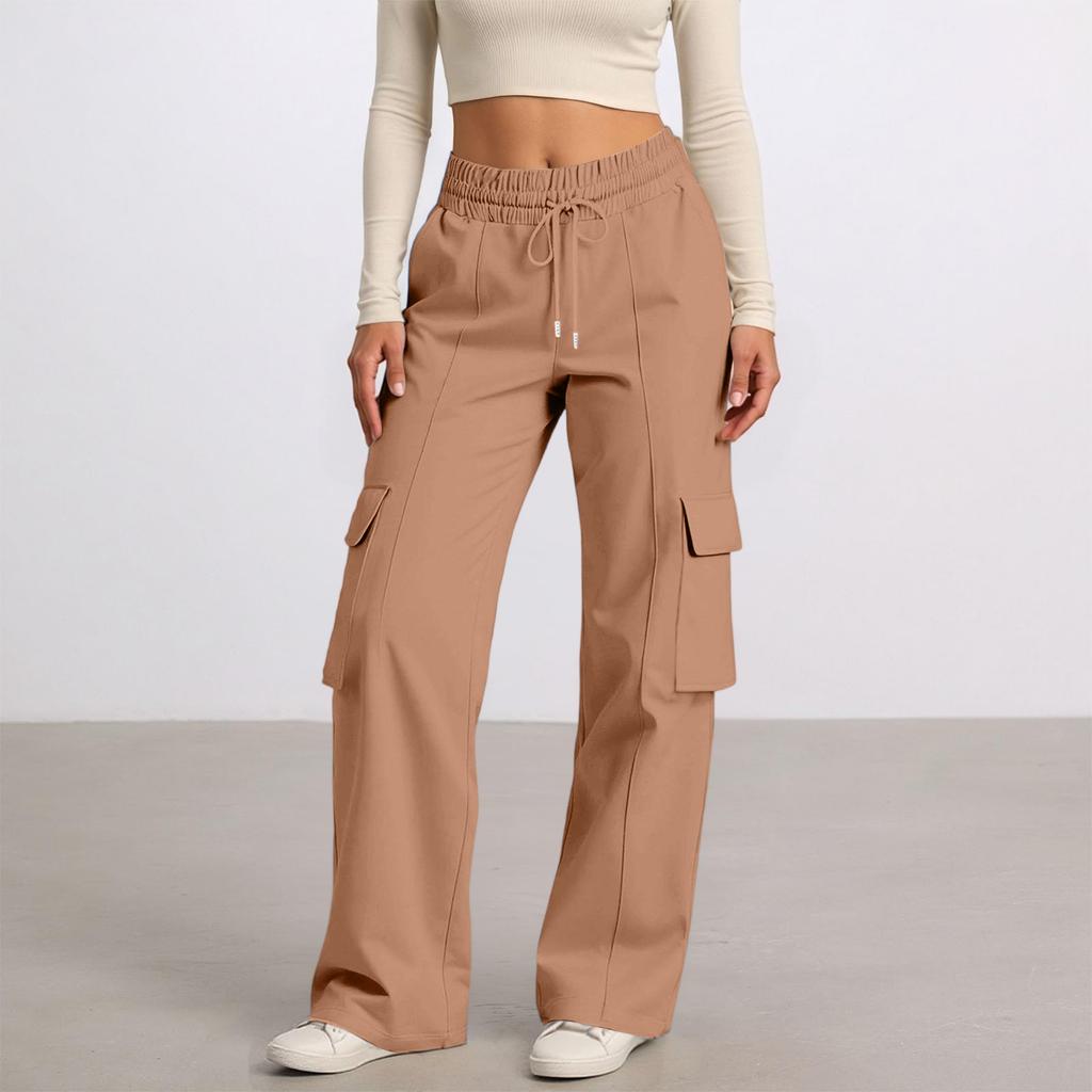 Women's Casual Fashion Solid Color Elastic Waist Drawstring Workwear Wide Leg Pants With Pockets