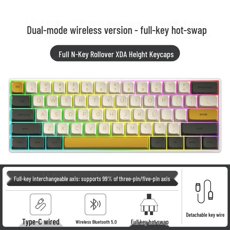 Dual-Mode 61-Key Wireless/Wired Mechanical Keyboard - Compact, Portable, Silent Gaming/Office Design for Girls