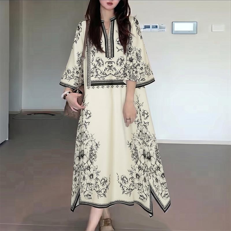 ZANZEA Women Elegant Casual V-Neck 3/4 Sleeve Loose Print Dress S абрикосовый