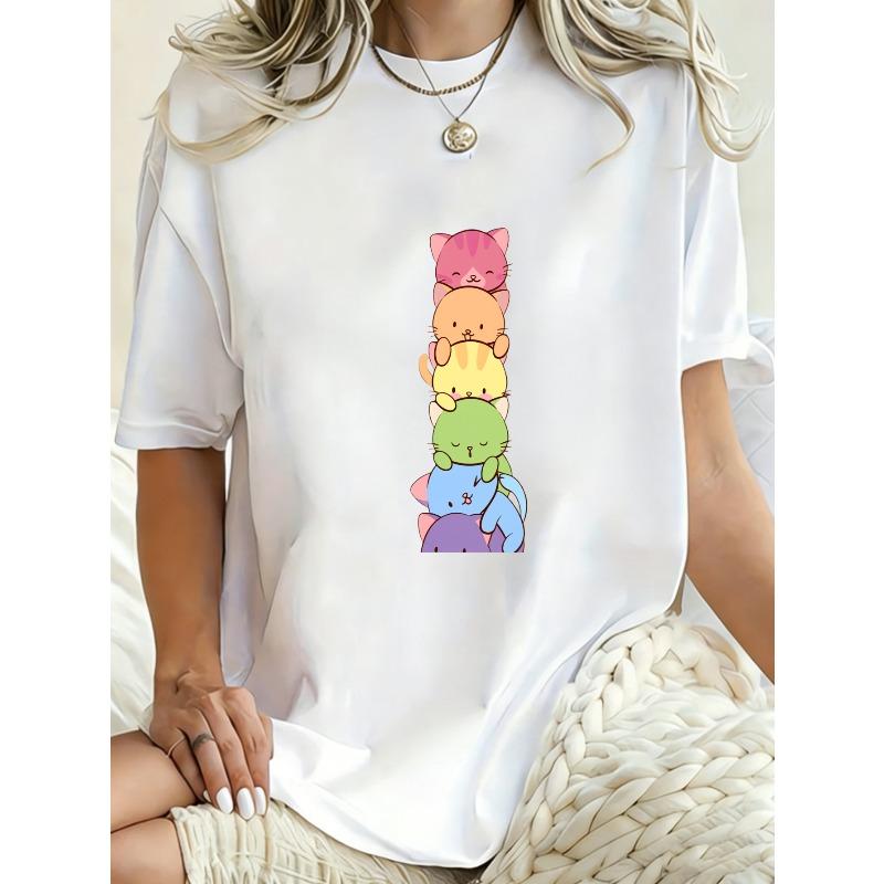 Übergroßes T-Shirt Schwarz Niedliche Katzen Stapel Print Freizeitkleidung Für Damen