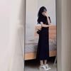 High-end Black Polo Neck Dress Women's Long Dress Summer New French Short-sleeved Waist and Thin Skirt