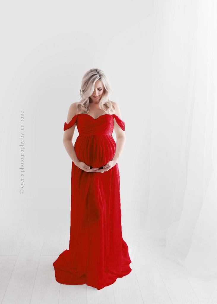 Robe de maternité longue en mousseline épaules dénudées avec fente avant pour séance photo pour femme