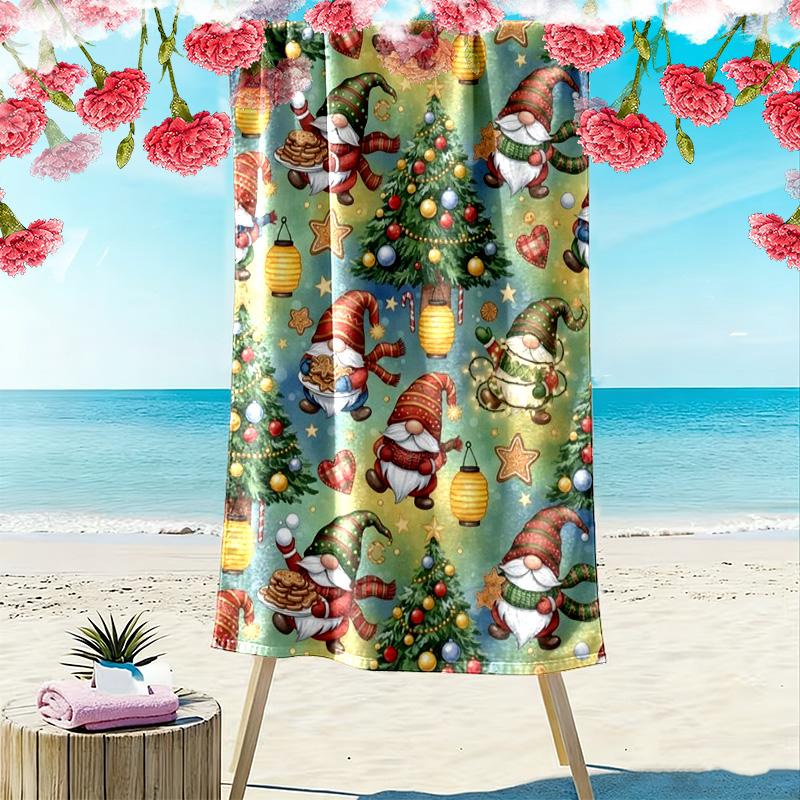 Christmas Gnomes Print Beach Towel, Large Soft Quick Dry Towel for Beach Camping Swimming