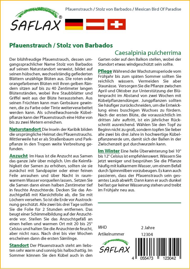 SAFLAX Mexican Bird Of Paradise - 10 Seeds - Caesalpinia Pulcherrima