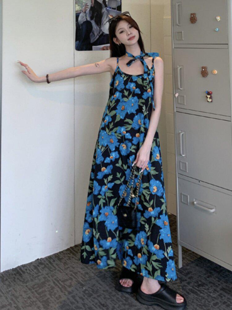 Seaside Resort French Blue Floral Spaghetti Strap Sleeveless Dress for Women, Summer 2026