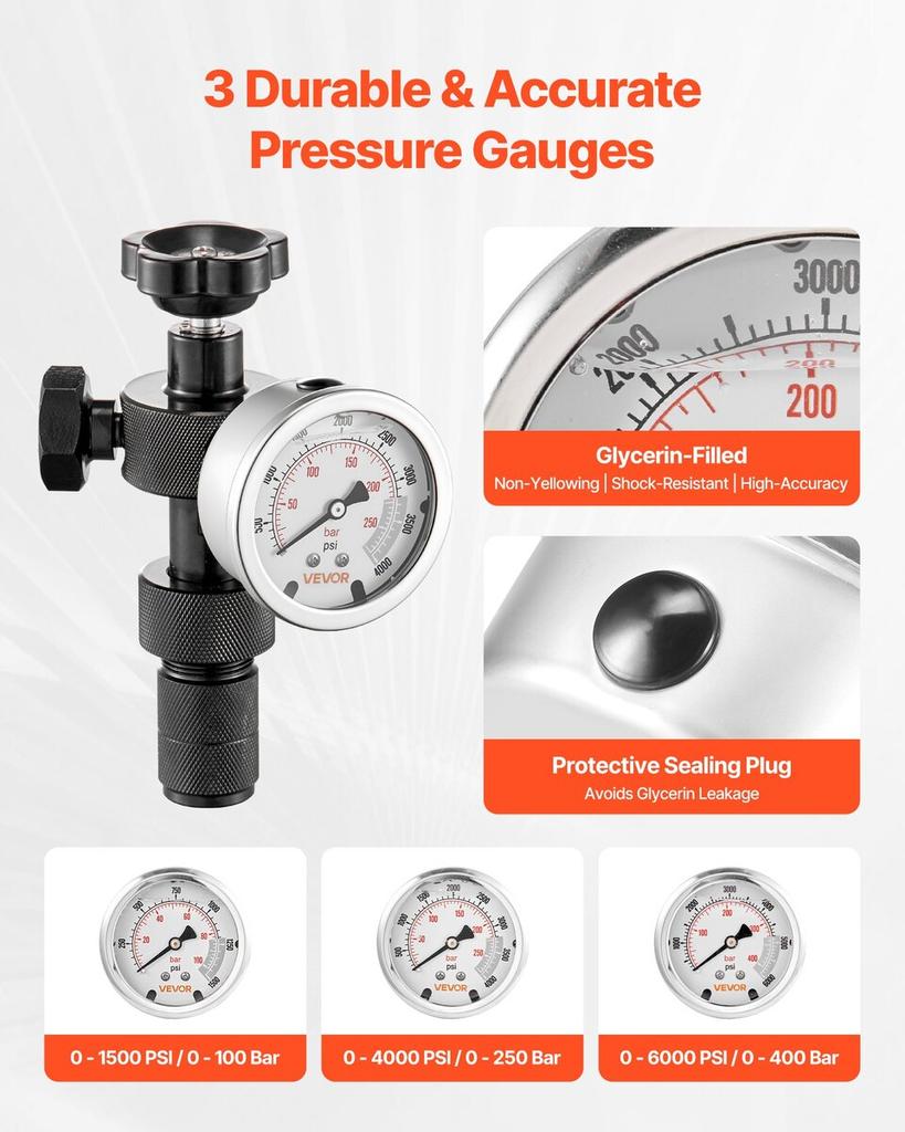 Hydraulic Nitrogen Accumulator Charging Kit, All-in-One Nitrogen Fill Kit, Pressure Test System with 3 Gauges (100, 250, 400 Bar), 6 Adapters
