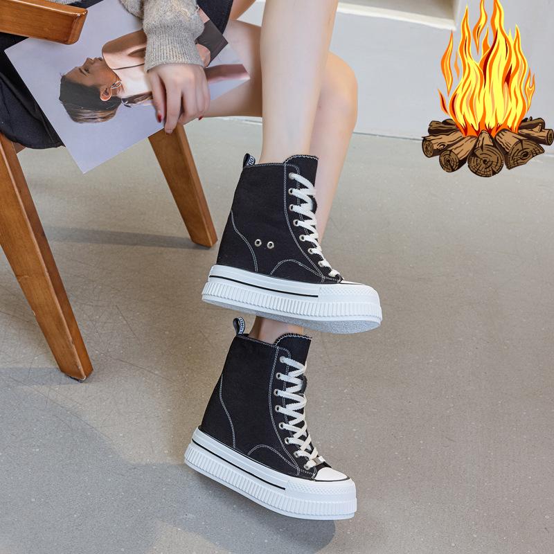 Fashion 13CM New Flat Super Invisible Inner Height Increase Women's Shoes Spring 2025 New Canvas Shoes Women's High-top Muffin Casual