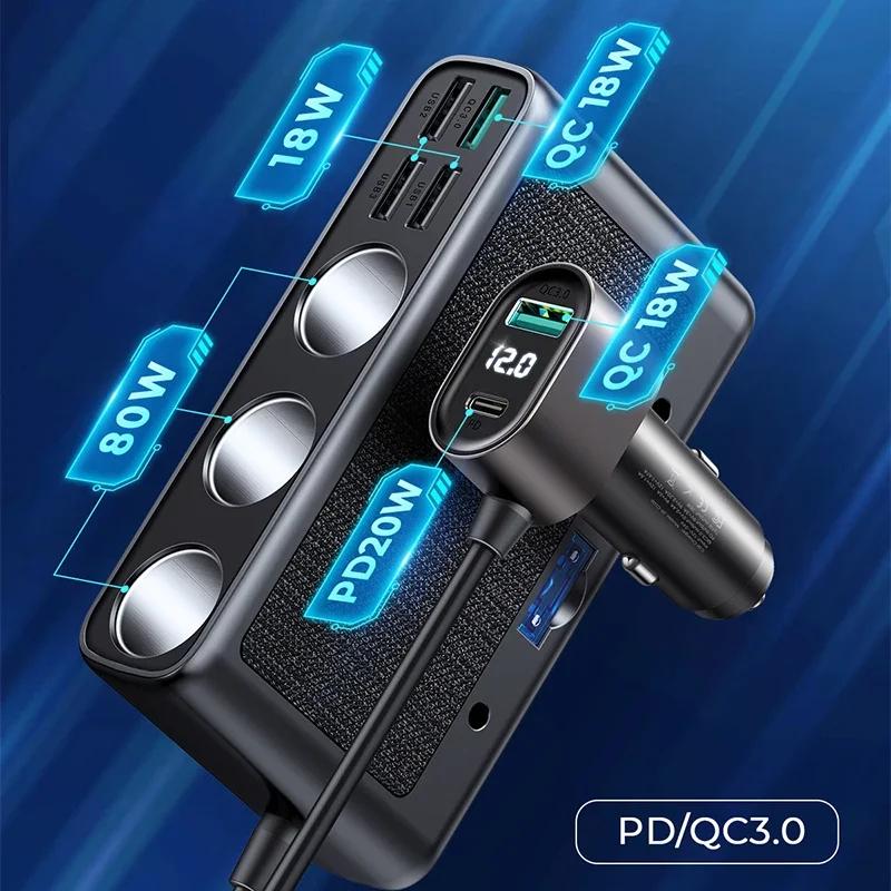 154W Car Charger Adapter Cigar Jack Multi Socket 9 In 1 PD 3 Cigarette Lighter Splitter High Speed Charge S DC Outlet Switches