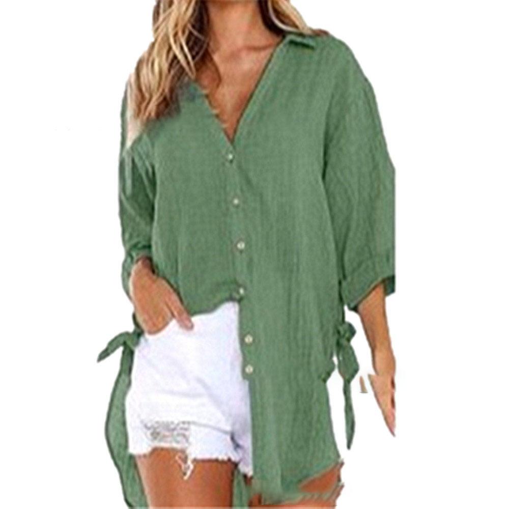 Women Casual Lace-up Button Lapel Shirt Loose Side Knotted Long Sleeve Shirt Plus Size