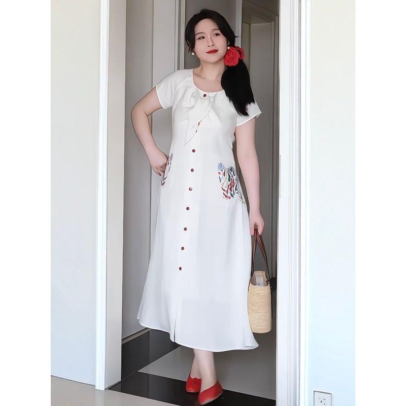 Plus-Size Women's Fashion Korean-Style Design Single-Breasted Embroidered Dress 2026 Summer Stylish Slimming Dress