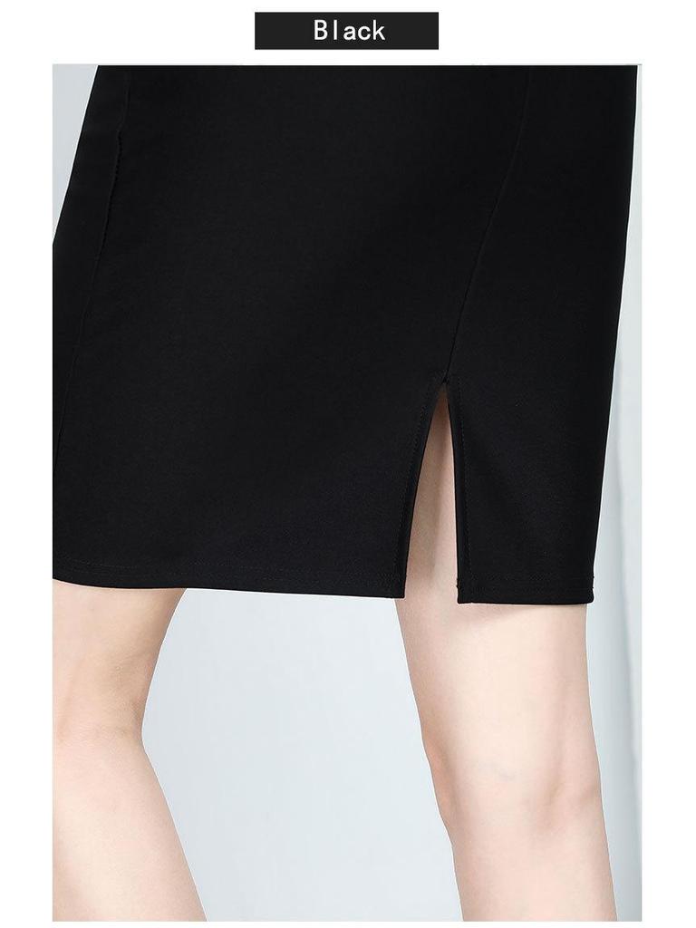 Women's Plus Size Black High Waist Midi Skirt with Slit - Professional Workwear
