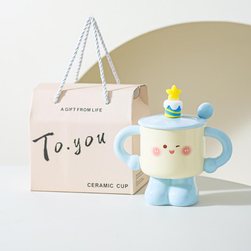 Creative Ceramic Cup with Lid Spoon Mug Small Cute Cup for Girls and Boys Gift Birthday Gift Milk Cup