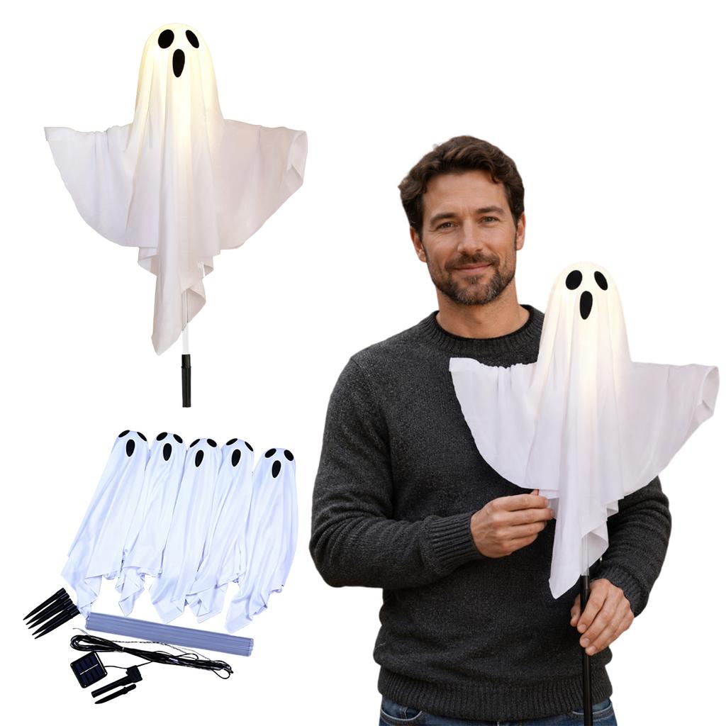 Outdoor LED Ghost Stake Lights Halloween Yard Decorations Set of 5 Ghost Figures with Ground Stakes for Garden Pathway and Lawn Lighting