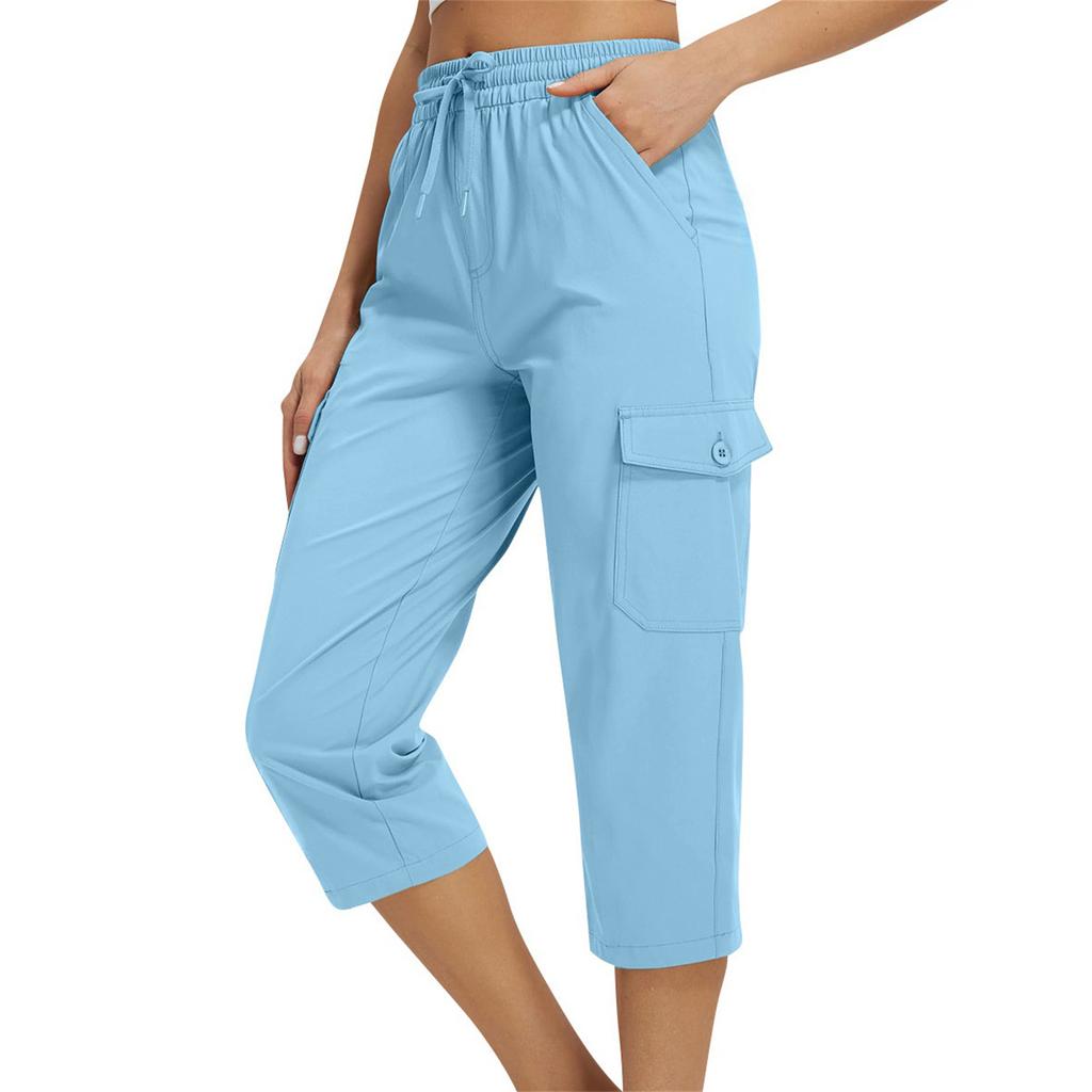 Damen locker sitzende High-Waist Wanderhose mit elastischem Bund, leicht, mit zwei Taschen, lässige Capri-Hose für Outdoor-Aktivitäten