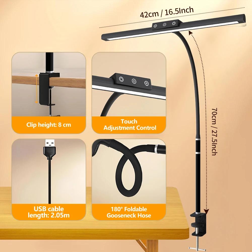 LED Touch Control Eye-Caring Clamp Desk Lamp for Office Home 5 Color Stepless Dimming 10W Eye-Care Architect Table Lamp PC Light