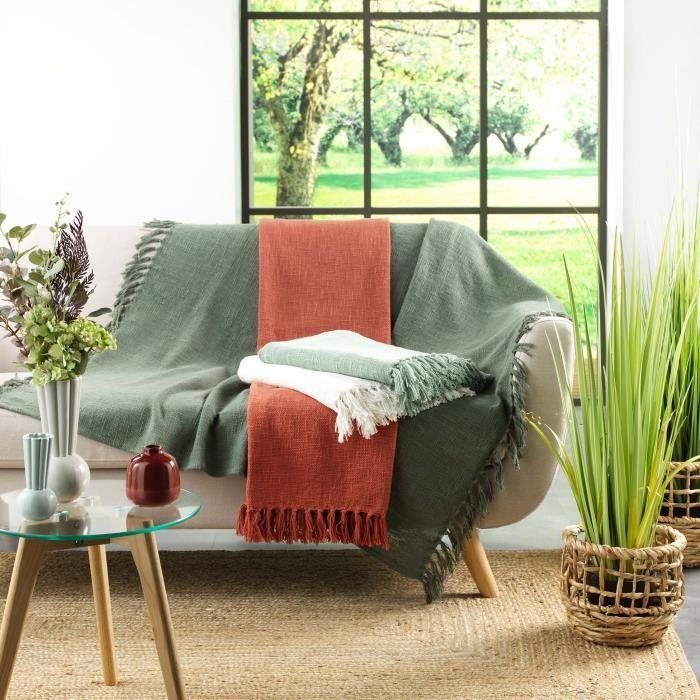 Plaid - Zamina - Crème - 125 X 150 Cm - 100% Coton - Finition À Franges