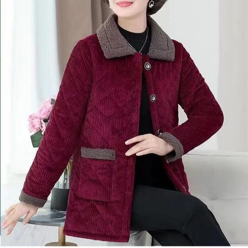 Elderly Womens Autumn and Winter Plus Size Cotton-padded Coat Plus Velvet Jacket Mothers Relaxed Fit Cotton-padded Jacket One Tone Lapel