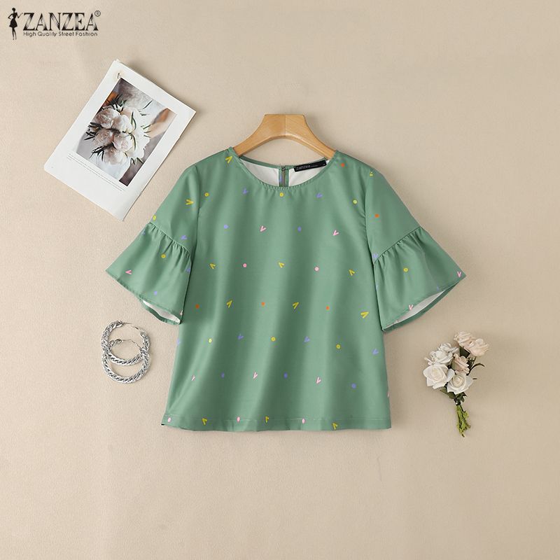 ZANZEA Blusa Casual da Donna a Girocollo Manica Corta Larga con Stampa